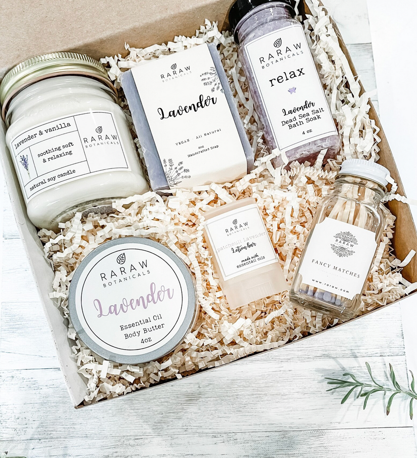 Relaxing Lavender Spa Box for Her - Self Care Relaxation Gifts Spa Kit  Handmade Soap Body Butter Bath Salt Soak