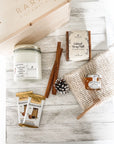 soy candle - cinnamon sticks - handmade soap - chocolate bars - honey - loofah